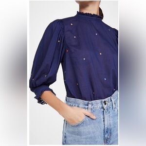 Farm Rio Navy Blouse with Embroidered Accents